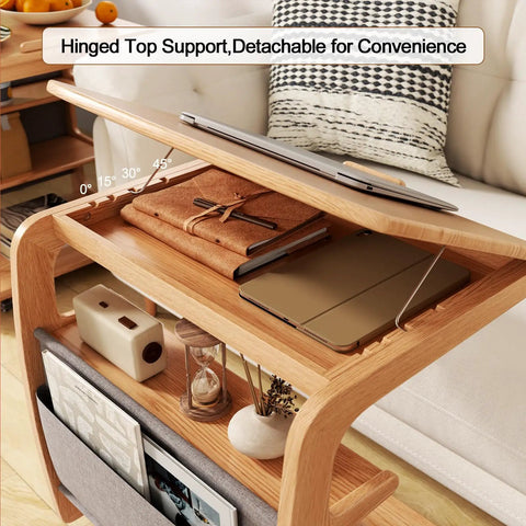 C Shaped Rolling Side Table With Wheels Solid Wood 4-In-1 Adjustable Desktop showing hinged top support and storage use