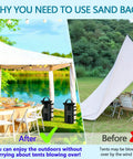 Heavy Duty Sand Bags for Canopy Legs stabilizing a tent on a lakeside setting, showing before and after use with chairs and tables.