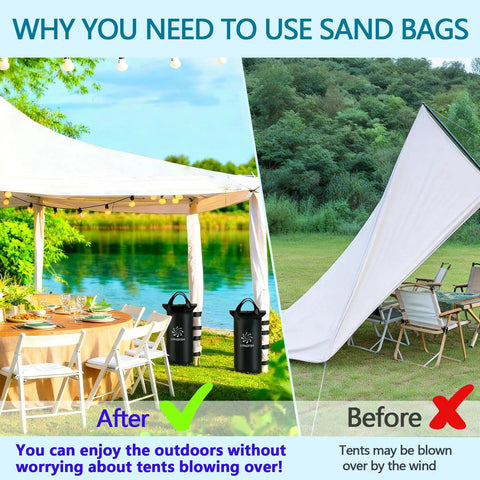 Heavy Duty Sand Bags for Canopy Legs stabilizing a tent on a lakeside setting, showing before and after use with chairs and tables.
