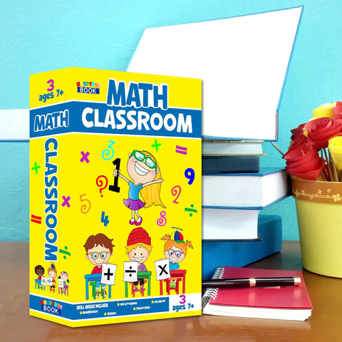Blue Math Classroom Book Safe Featuring Authentic School Pages And Reliable Three Digit Combination Lock For Stealth Stash Storage And Slick Student Loot Vault on a desk with colorful decorations.