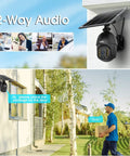 Wireless Outdoor Solar Security Cam With 360 Degree PTZ And Spotlight, battery powered, showing two-way audio feature with delivery.