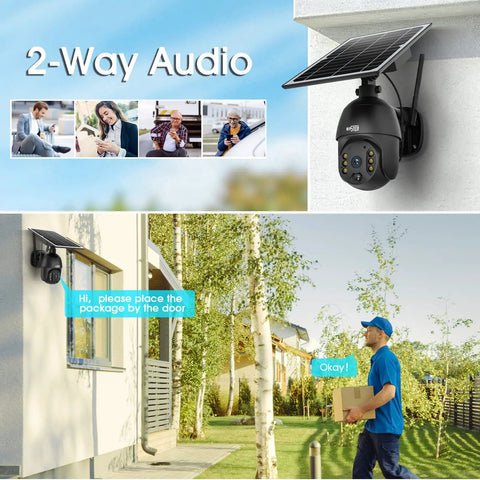 Wireless Outdoor Solar Security Cam With 360 Degree PTZ And Spotlight, battery powered, showing two-way audio feature with delivery.