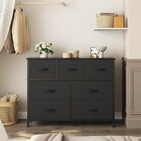 7 Fabric Drawer Storage Organizer Chest With Vertical Dresser Design For Bedroom Or Living Room in sleek black finish