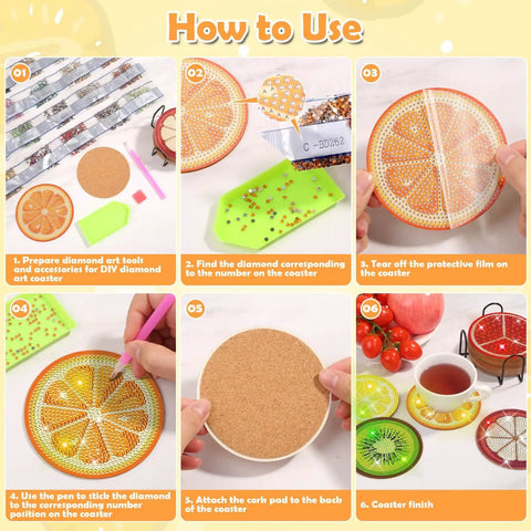 Steps for using Diamond Art Coaster Kit With Holder, 12 Piece DIY Diamond Dot Coasters For Adults And Newbies, Includes Cork Bases.