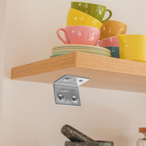 Beefy 304 Stainless Steel Right Angle Bracket supporting a wooden shelf with colorful cups above, 10 Pack L Shaped Corner Braces.