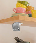 Heavy Duty 10 Pack Stainless Steel Corner Brackets L Shaped 90 Degree Shelf Supports for furniture under wooden shelf.