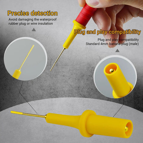 Pro Grade Automotive Test Probe Adapter Kit With Back Probe And Blade Probe Tools For Pinpoint Diagnostic Testing Non Destructive Harness Access Secure Connection For Precise Voltage And Signal Readings, featuring yellow probe with 4mm banana plug