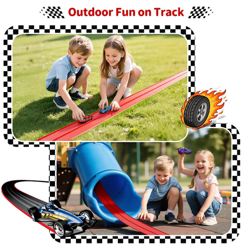 Kids playing with 16 Ft Flexible Race Track With Suction Cups For Diecast 1 64th Cars Portable Roll Out Red Car Track Toy Outdoors