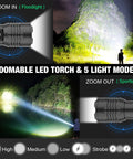 Zoomable Go To Pocket Size Tactical Flashlight With 8000 Lumens XHP50.2 LED highlighting floodlight and spotlight modes