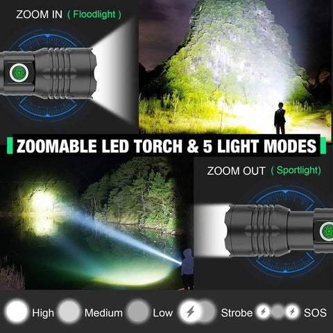 Zoomable Go To Pocket Size Tactical Flashlight With 8000 Lumens XHP50.2 LED highlighting floodlight and spotlight modes