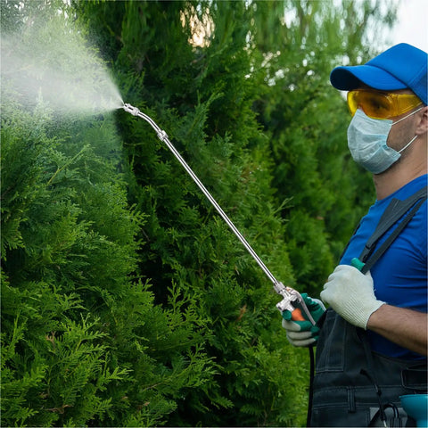 Person using Heavy Duty Sprayer Wand With Three Nozzles For Flexible Garden And Lawn Care, spraying shrubs