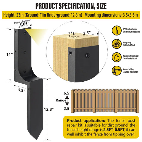 Heavy Duty Steel Fence Post Repair Kit 4x4 Actual 3.6x3.6 Ground Spike Anchors For Outdoor Wooden Fence Posts And Base Construction image