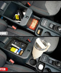 Before and after of Ford Maverick Center Console Organizer Kit With Dual Cup Holders showcasing storage and organization features.