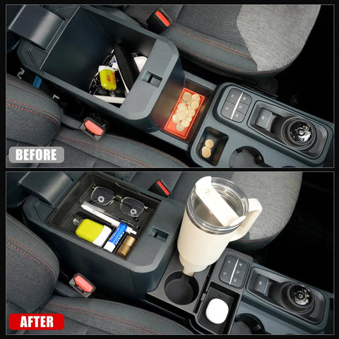 Before and after of Ford Maverick Center Console Organizer Kit With Dual Cup Holders showcasing storage and organization features.