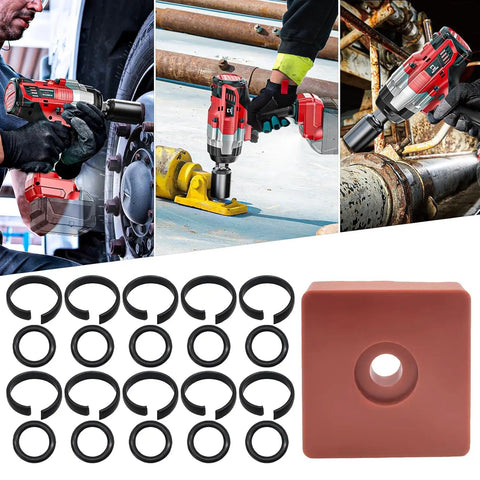 Badass 10 Pack Half Inch Impact Wrench Retaining Ring Clips with Rubber O Rings and Anvil Install Tool on workbench.