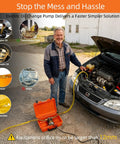 Heavy Duty Electric Oil Extractor Pump Delivers No Sweat Fluid Swaps Up To Four Liters Per Minute With Thick Hoses Solid Clamps Plus Roomy Hard Shell Case For Slick Garage Oil Changes On De Walt 20V Batteries in use by a mechanic with vehicle.