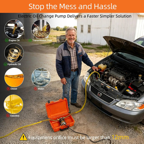 Heavy Duty Electric Oil Extractor Pump Delivers No Sweat Fluid Swaps Up To Four Liters Per Minute With Thick Hoses Solid Clamps Plus Roomy Hard Shell Case For Slick Garage Oil Changes On De Walt 20V Batteries in use by a mechanic with vehicle.