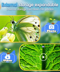 Kids Digital Handheld Microscope With 2 Inch IPS Screen And 1000x Magnification, Video Camera For STEM Learning, Wonder Quest Educational Toy, Magnifier For Bugs, Cool Birthday Gift For Boys And Girls showing butterfly and leaf photos