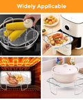 Collage featuring Premium Steel Air Fryer Basket Set with nonstick mesh, showing usage in frying pan, air fryer, oven, and as pot stand.