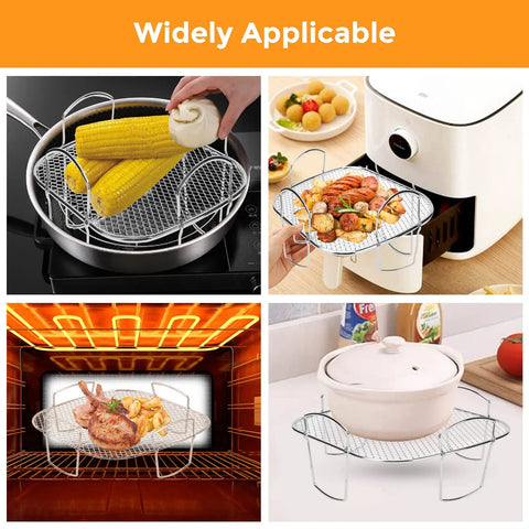 Collage featuring Premium Steel Air Fryer Basket Set with nonstick mesh, showing usage in frying pan, air fryer, oven, and as pot stand.