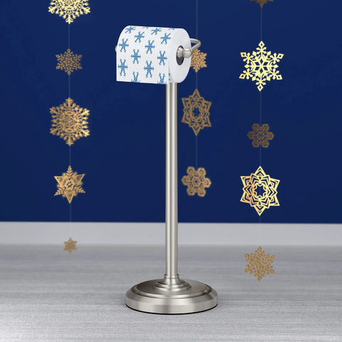 Pedestal Toilet Paper Holder In Satin Nickel Finish, freestanding bathroom tissue stand with hand polished metalwork.