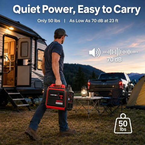 Man carrying Gas Powered Portable Inverter Generator 3800W Quiet Run With CO Sensor ECO Mode Parallel Capability EPA Compliant