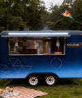 Solid As A Rock Mobile Food Trailer And Rolling Cart Combo Crafted For Coffee Ice Cream Sales Quick Hustle Setup That Grinds Like A Dream On Busy Weekends in a park with picnic setup.