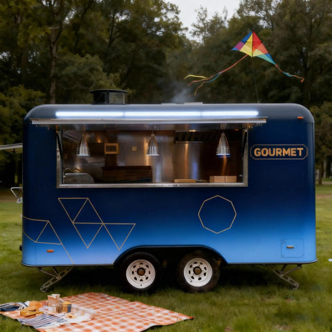 Solid As A Rock Mobile Food Trailer And Rolling Cart Combo Crafted For Coffee Ice Cream Sales Quick Hustle Setup That Grinds Like A Dream On Busy Weekends in a park with picnic setup.