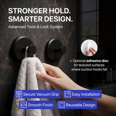 Rugged And Ready Suction Towel Hooks For Bathroom Shower Glass Walls Two Pack Black No Drill Twist Lock Non Slip Design Holds Rock Solid Easy Peasy Install For Bath Robes And Small Space Storage