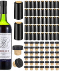100 Pack Black Wine Bottle Sealers With Solid Airtight Plastic Cork Tops And Quick Squeeze Grip Caps next to a wine bottle.