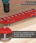 Handy Dual Function Shelf Pin And Hinge Jig 2 In 1 With 11 Hole Template One Quarter Inch And Five Millimeter Shelf Pin Drilling Guide Self Contained Clamp Cabinet Hardware Drill Guide For Quick Accurate Cabinet Installations in use on wood surface