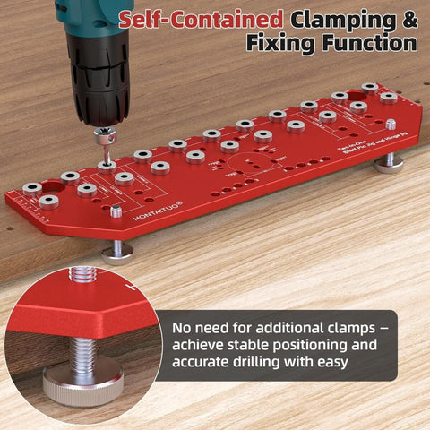 Handy Dual Function Shelf Pin And Hinge Jig 2 In 1 With 11 Hole Template One Quarter Inch And Five Millimeter Shelf Pin Drilling Guide Self Contained Clamp Cabinet Hardware Drill Guide For Quick Accurate Cabinet Installations in use on wood surface