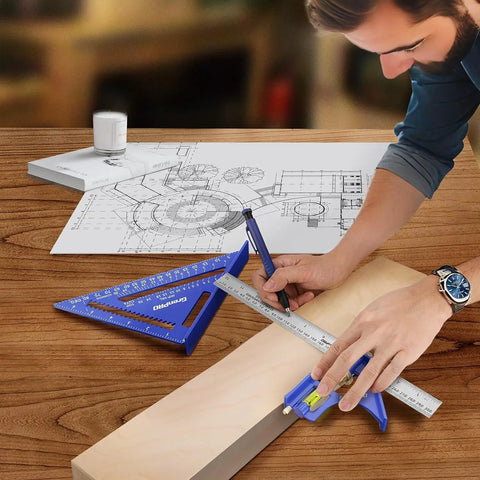 Pro Level Combination Square Set Featuring Heavy Duty Aluminum Zinc Construction With Dual Scale Layout Ruler For Badass Woodworking Shops And Precise Machining Layouts Daily, measuring angles and marking wood.