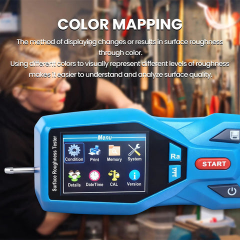 On The Go Handheld Surface Roughness Meter With Color Mapping And Pro Grade Portable Profilometer showing color display