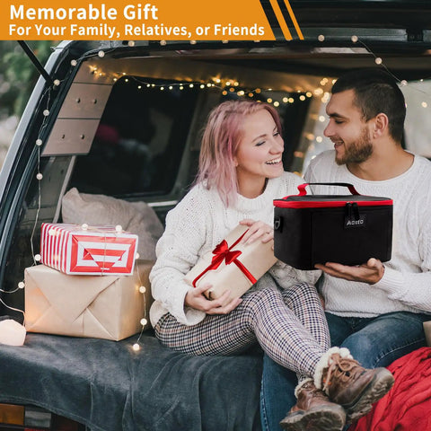 Couple with gifts and Portable Oven Lunch Box Heats Meals On The Go 12V 24V 110V 3 In 1 Car Food Warmer in car trunk