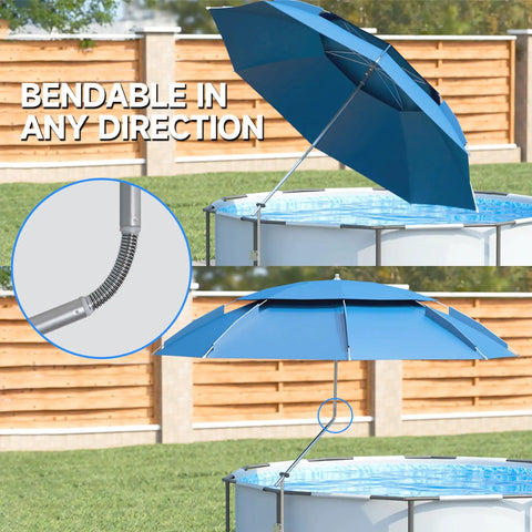 Go To Poolside Shade Umbrella For Above Ground Pools installed on an oval pool, showing adjustable height and angle feature in garden