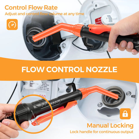 3GPM portable siphon pump for fluid transfer, orange-red and black with manual lock; nozzle at car fuel tank.