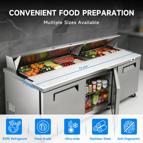 Heavy Duty 72 Inch Commercial Sandwich Prep Table Refrigerated Salad Fridge Equipped With 18 Easy Slide Topping Pans And A Wide Cutting Board
