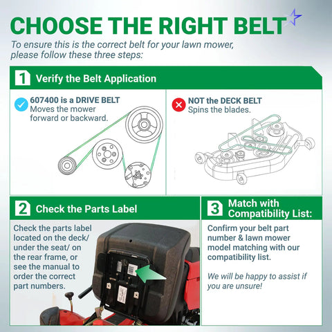 Guide for selecting the Aramid Cord Heavy-Duty Drive Belt for Hustler Raptor SD Zero-Turn Mowers, replacing 603907 and 607400.
