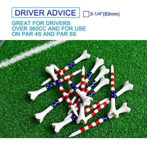 100 Pack Three And A Quarter Inch Plastic Golf Tees With Four Prongs For Less Friction And Spin on artificial turf with markings.