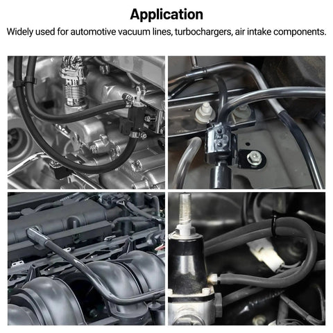 Silicone Vacuum Hose Kit For Car Mods, 5 Ft Each, 4 Pack installed in engine bay, fits various vacuum lines, black tubing.