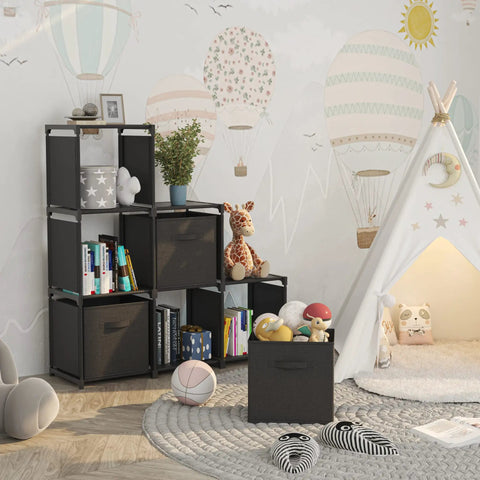 Six Cube Storage Organizer With Three Extra Drawers in kids' room, black cubes filled with toys and books, next to play tent