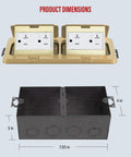 Dual Pop-Up Floor Box Kit With Brass Cover, dimensions shown, with 20A Tamper-Resistant Receptacles, indoor outdoor use.