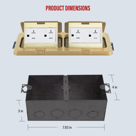 Dual Pop-Up Floor Box Kit With Brass Cover, dimensions shown, with 20A Tamper-Resistant Receptacles, indoor outdoor use.