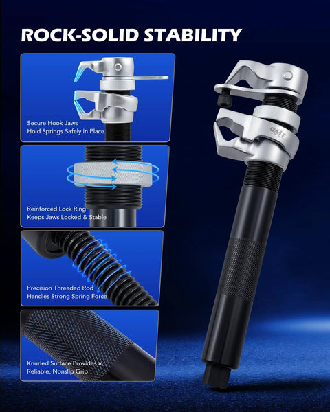 Beefy Heavy Duty Coil Spring Compressor Tool Set 2200lb Strut Compressor showing hook jaws, lock ring, threaded rod, knurled surface.