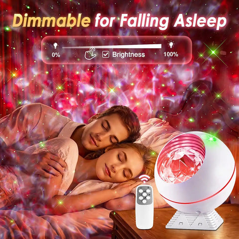 Couple sleeping under Moonlit Galaxy Night Projector For Bedroom With 43 Lighting Modes Dimmable Starlight Sky Projector Remote