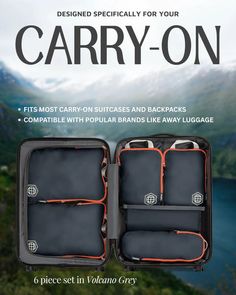 Compression Packing Cubes For Travel Six Piece Lightweight Organizer Set arranged in carry-on suitcase with grey and orange design