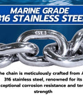 Close-up of Top Shelf 5/16 Inch G43 Marine Grade Stainless Steel Anchor Chain Mirror Polished Finish, showcasing quality material.