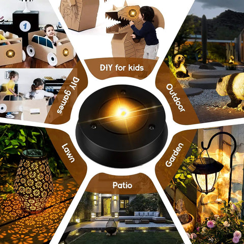 Collage showing 5 Pack Replacement Solar Light Tops Kit With No Fuss Easy Install For Outdoor DIY Hanging Lanterns use cases
