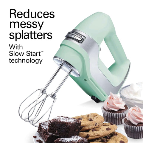 Smooth Operator 5 Speed Electric Hand Mixer With Slow Start Tech And Quick Burst Design Includes Stainless Steel Twisted Wire Beaters in mint.
